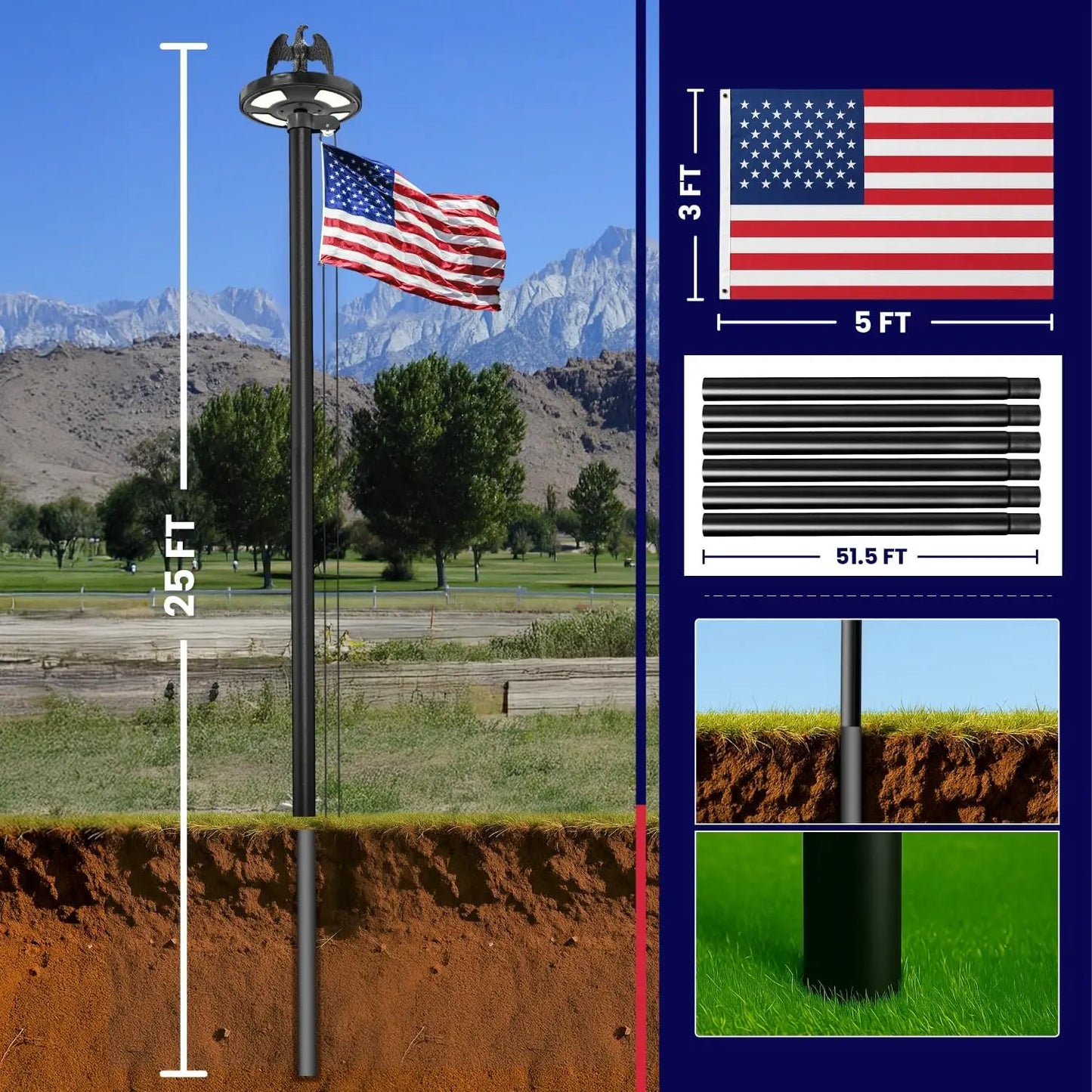 25 FT Heavy Duty Flag Pole with Solar LED Light, Aluminum Flagpole for Outdoor Residential Commercial Use