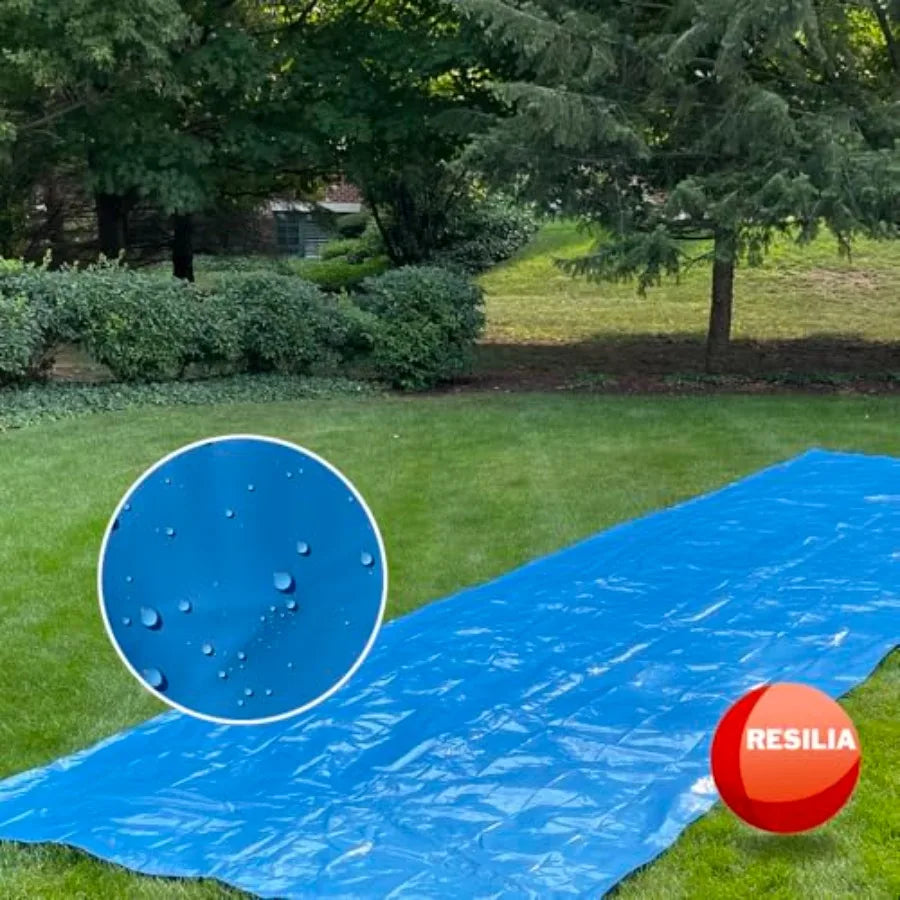 Super Slip Lawn Water Slide Jumbo for adults and teens, polyethylene, powder blue, 50 ft x 12 ft with hold steady stakes, made