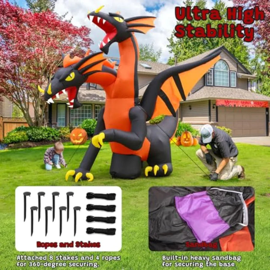 Halloween outdoor decoration: inflatable double-headed dragon, PVC material, green and red, weather-resistant with built-in bri