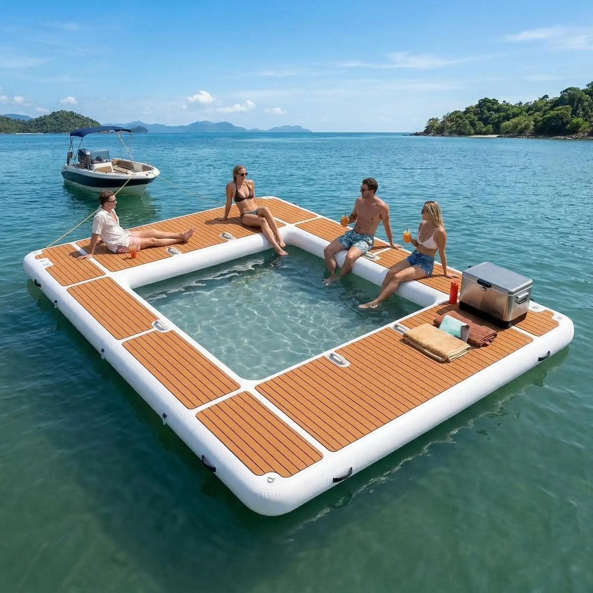 13x10ft Inflatable Yacht Pool with Non-Slip EVA Deck, Heavy Duty PVC Floating Dock with Netting, Portable Sea Swimming Pool for Boat, Lake, and Ocean Water Sports