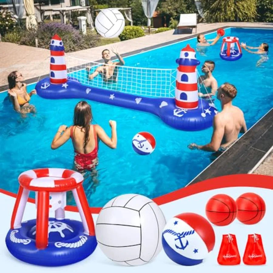 Pool Volleyball Net andBasketball Hoop Inflatable Pool Floats Toys Swimming Water Games for Adults and 8-12 Teens Volleyball Co