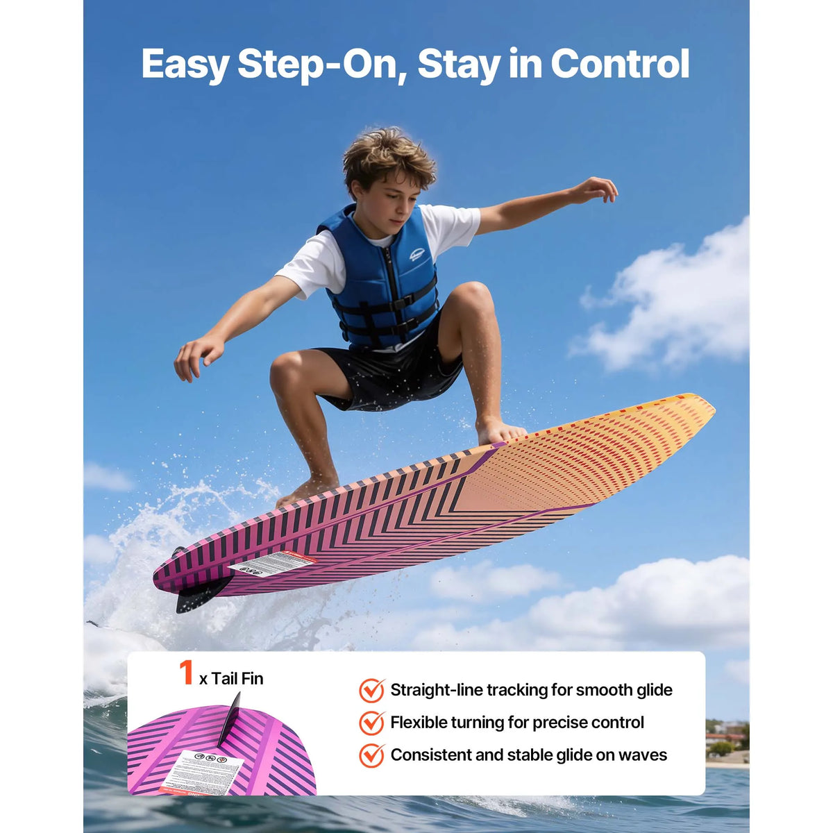 SucceBuy 45/63In Wakesurf Board Wake Surfing Board with EPS Foam Core & EVA Non-Slip Pad UV-Resistant for Youth Up to 110/250lbs