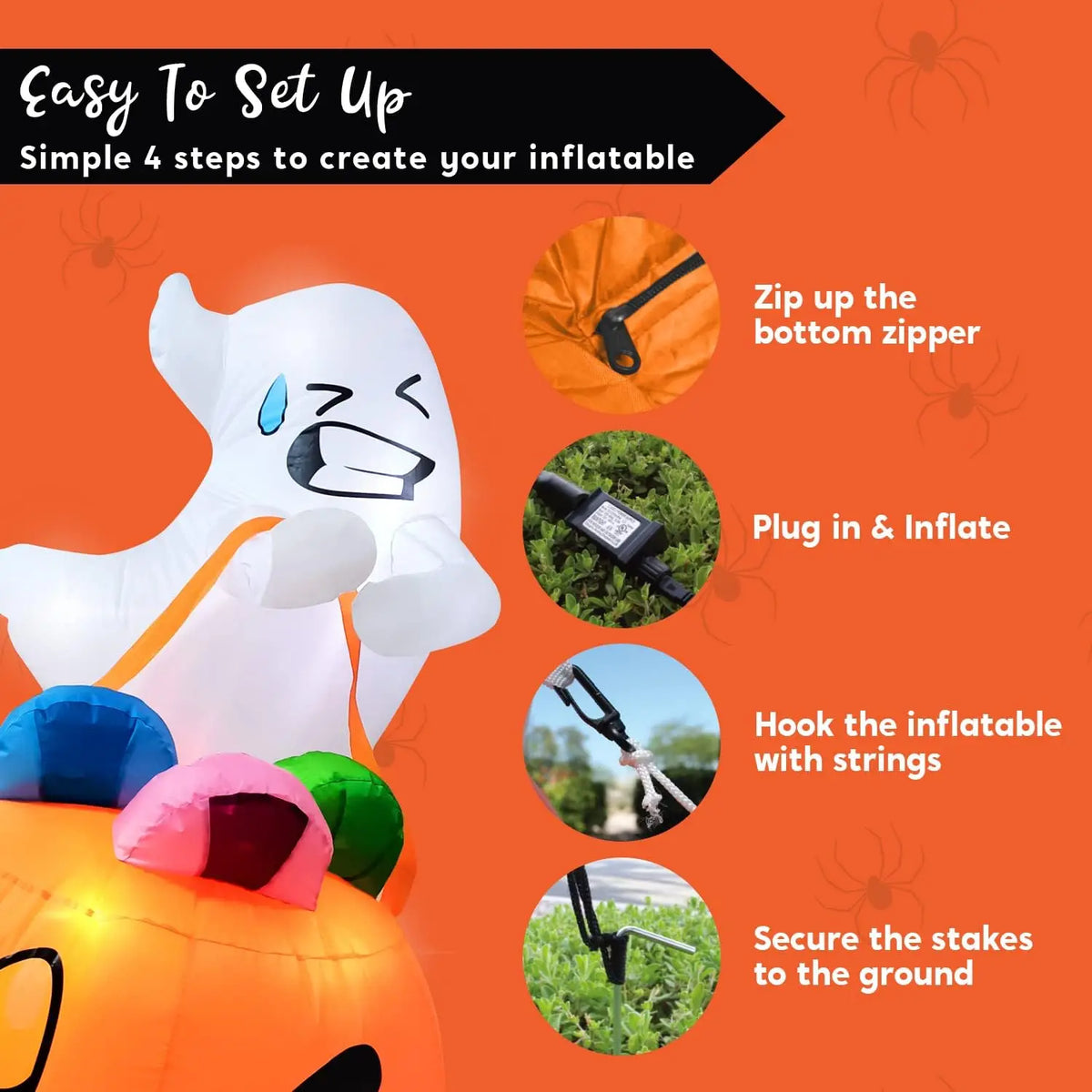 5 FT Tall Halloween Inflatables Outdoor Decorations Cute Ghost Blow Up Ghost Lift Pumpkin Candy Bag with Build-in LEDs For Halloween Gifts