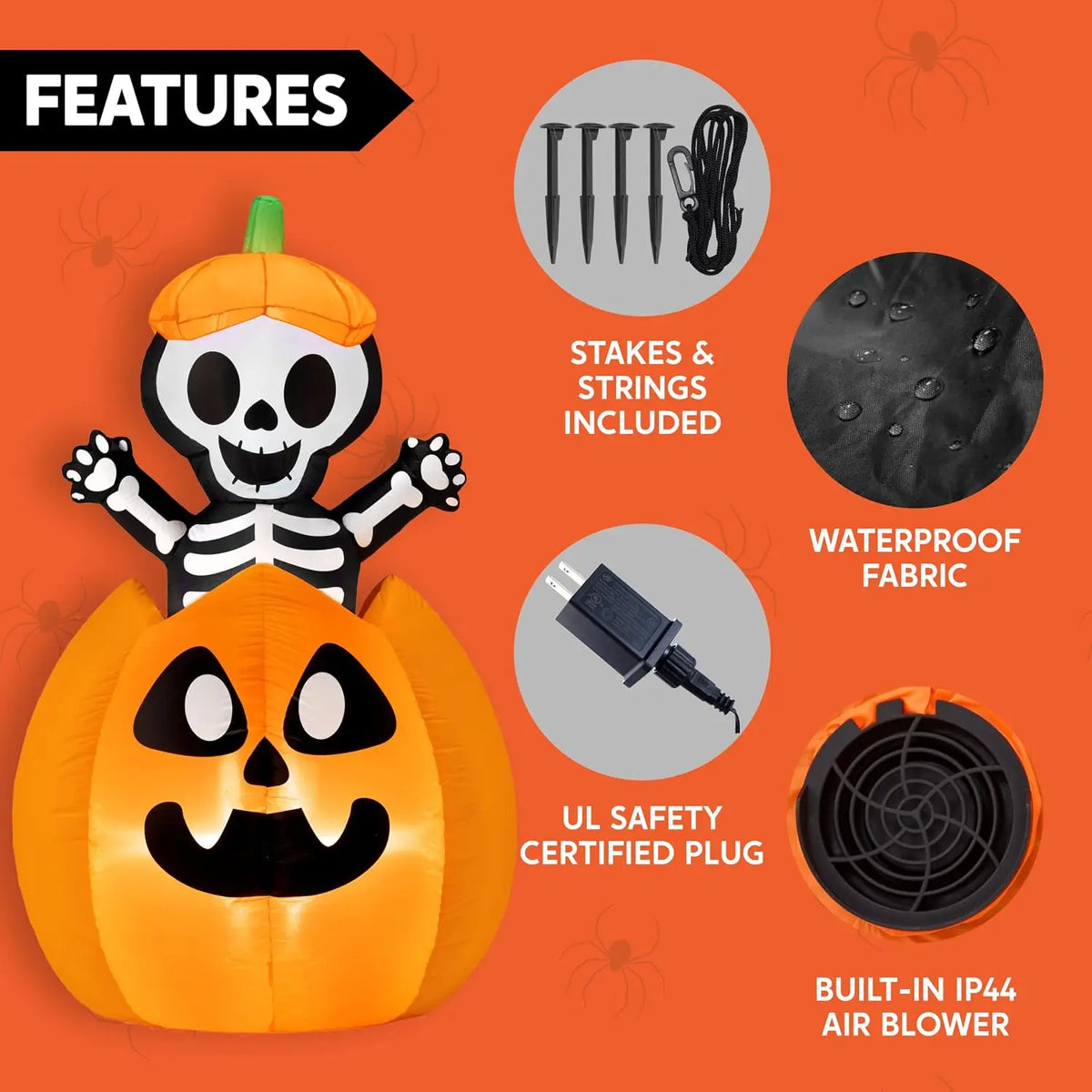 5FT Halloween Animated Inflatables Outdoor Decorations, Inflatable Skeleton On Pumpkin with LEDs, Cute Blow Up Pumpkin Skeleton Decor for Outside Yard Indoor Lawn Garden Party Decoration