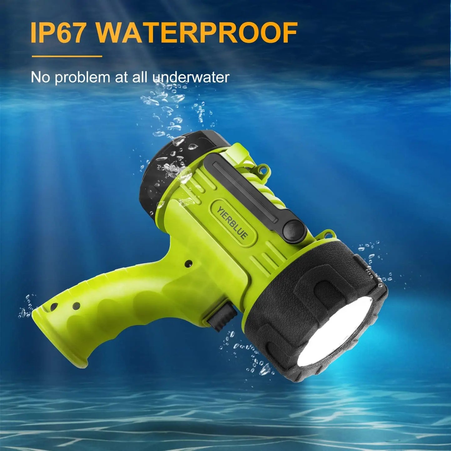 200,000 Lumen Rechargeable Spotlight, IP67 Waterproof, 550 Yard Beam, Long Running, Foldable Stand & Red Lens
