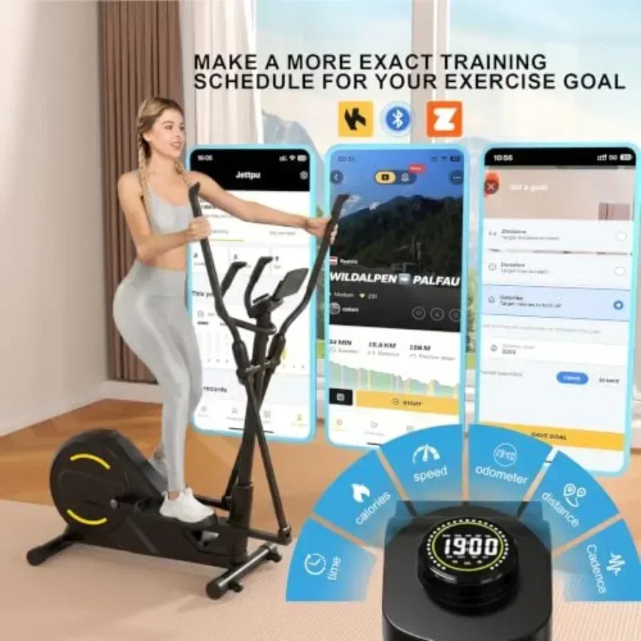 Home Gym Elliptical Exercise Machine with Hyper-quiet Magnetic Driving System, Black Steel Frame, 16 Resistance Levels, 15.5-in