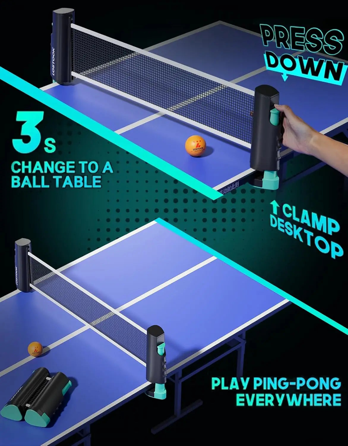 Pro Table Tennis Set: 2/4 Paddles, 3-Star Balls, Portable Net for Any Table, Home/Outdoor Games