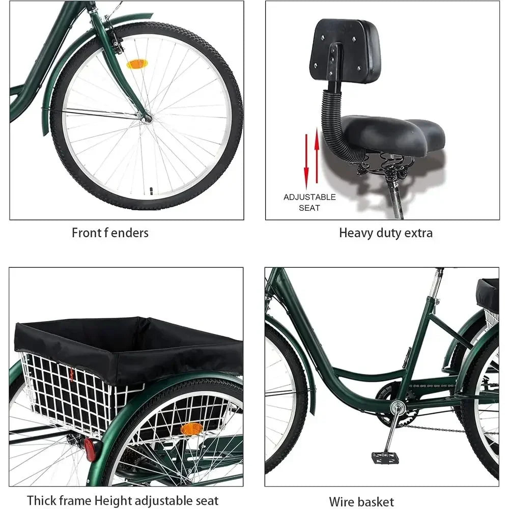 7-Speed Adult 24/26 Three-Wheeled Mountain Trike with Basket and Backrest for Men & Women in Multiple Colors