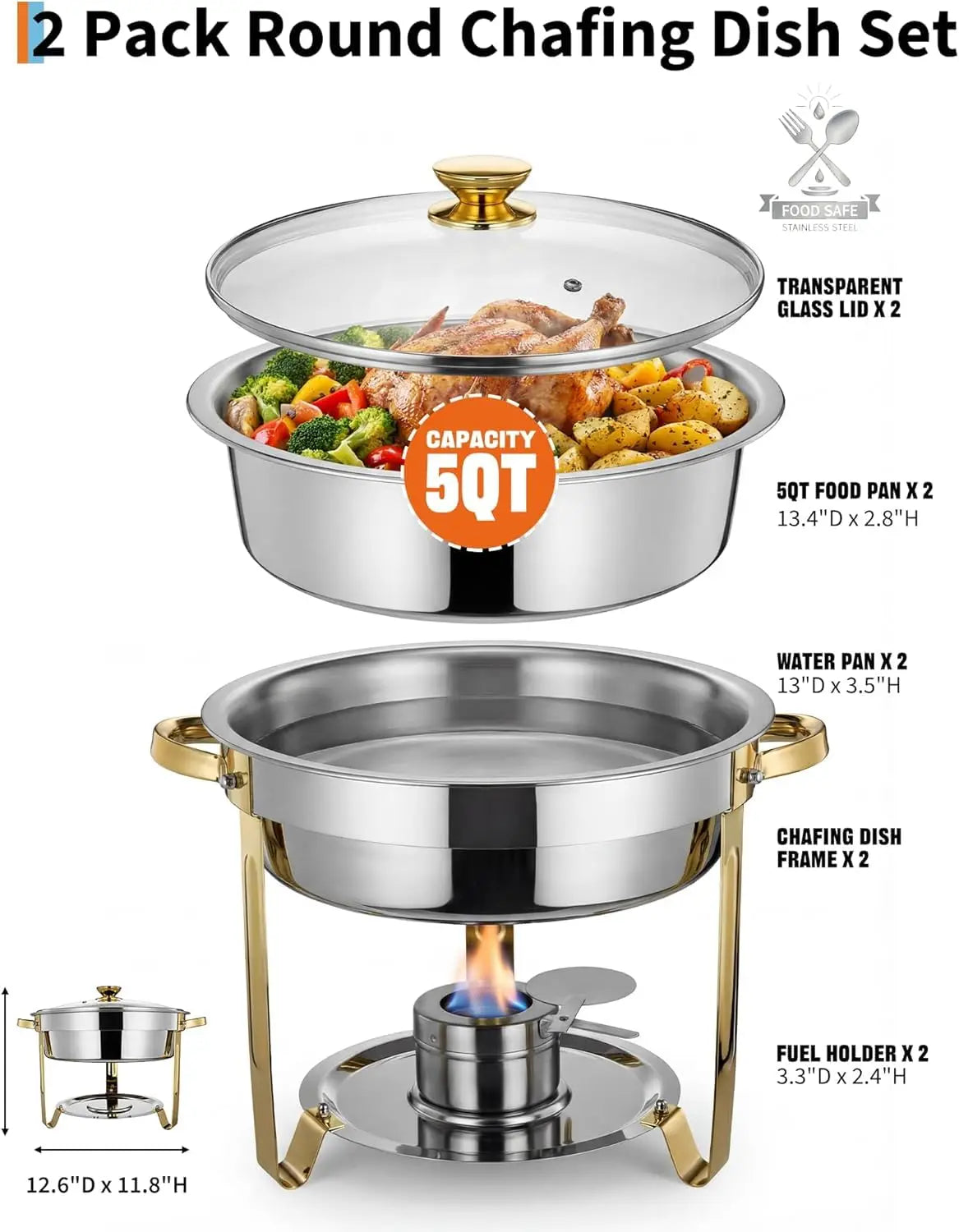 2/4-Pack Round Chafing Dish Food Warmer Stainless Steel Buffet Server with Transparent Lid Fuel Holder Gold Chafer for Wedding