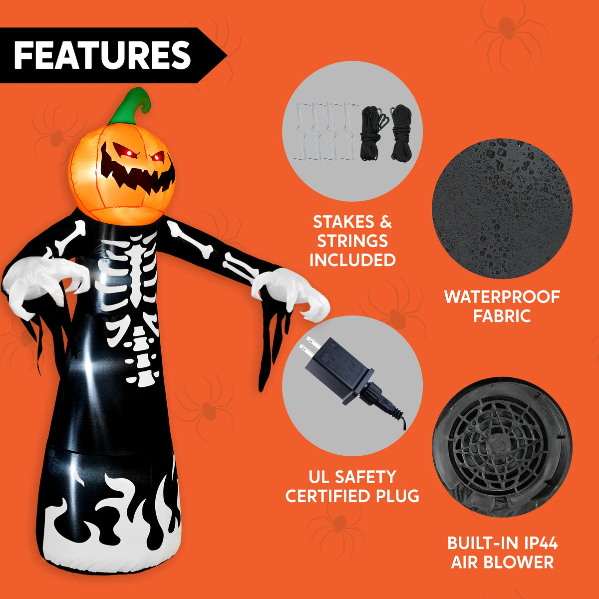 Joyfy 9 ft Halloween Inflatables Pumpkin Skeleton Decorations with Built-in LED Lights,Large Blow Up Decoration for Yard Lawn Garden Indoor Outdoor, Pumpkin Skeleton Inflatable Decoration