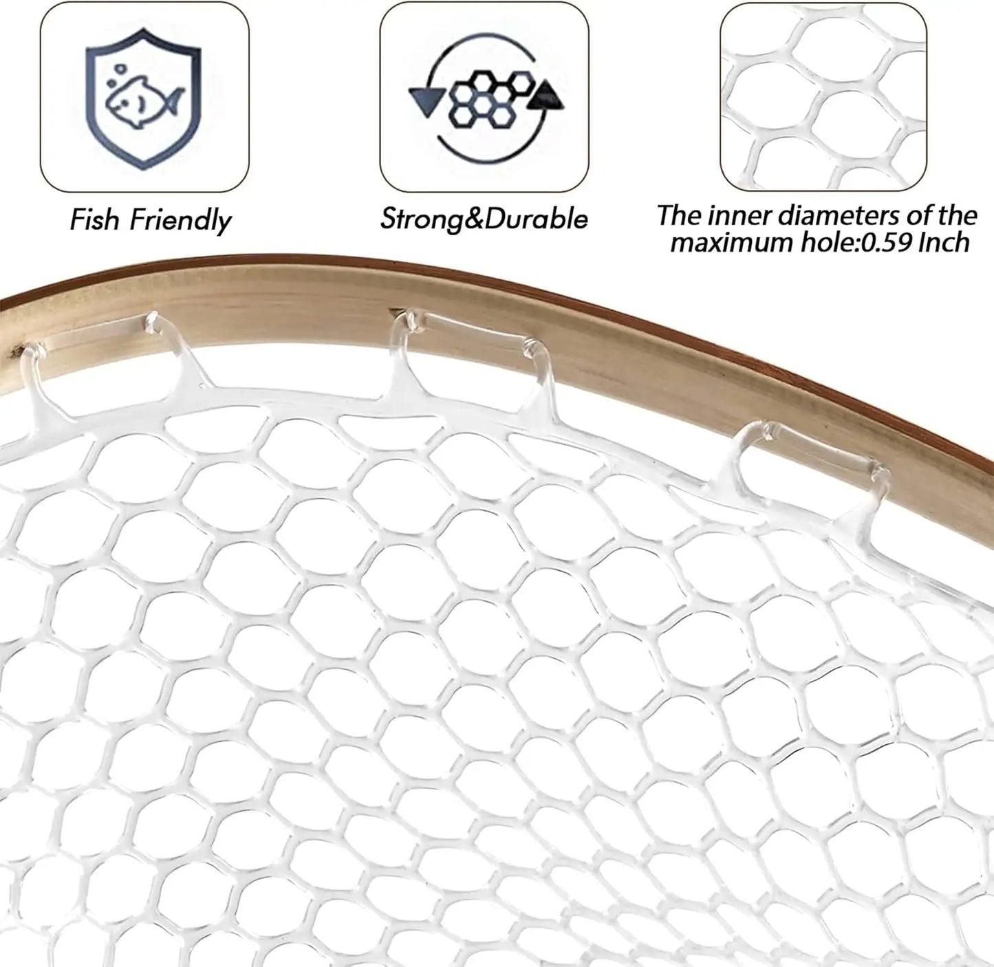 Wooden Fly Fishing Net with Soft Rubber Mesh for Trout, Freshwater Saltwater Use, Safety Cord Included - Ideal Gift for Men