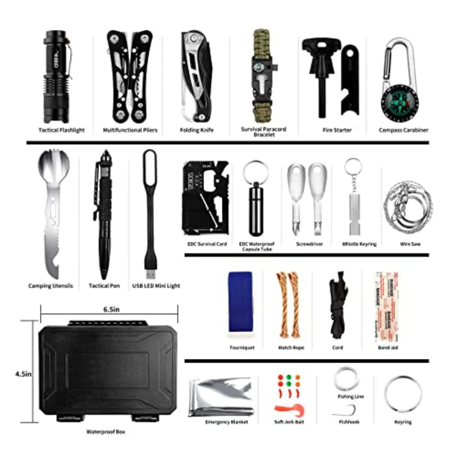 Emergency Survival Gear Kits 60 in 1 Outdoor Survival Tool with Emergency Bracelet Whistle Flashlight Pliers Pen Wire Saw for C