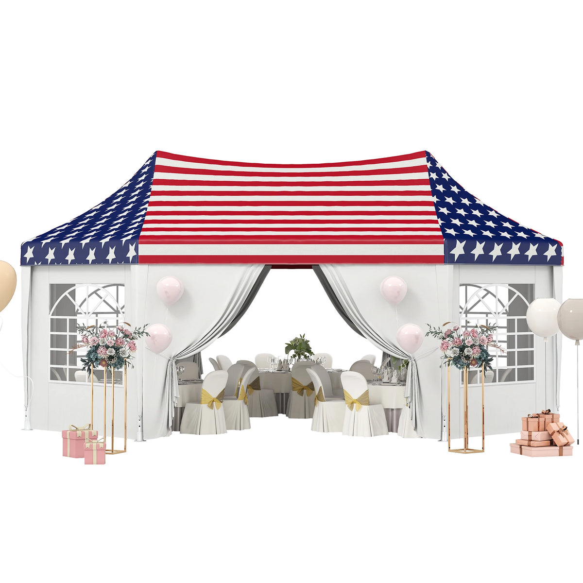 22.3 x 16.4ft Party Tent Wedding Tent w/ 6 Windows, American Flag