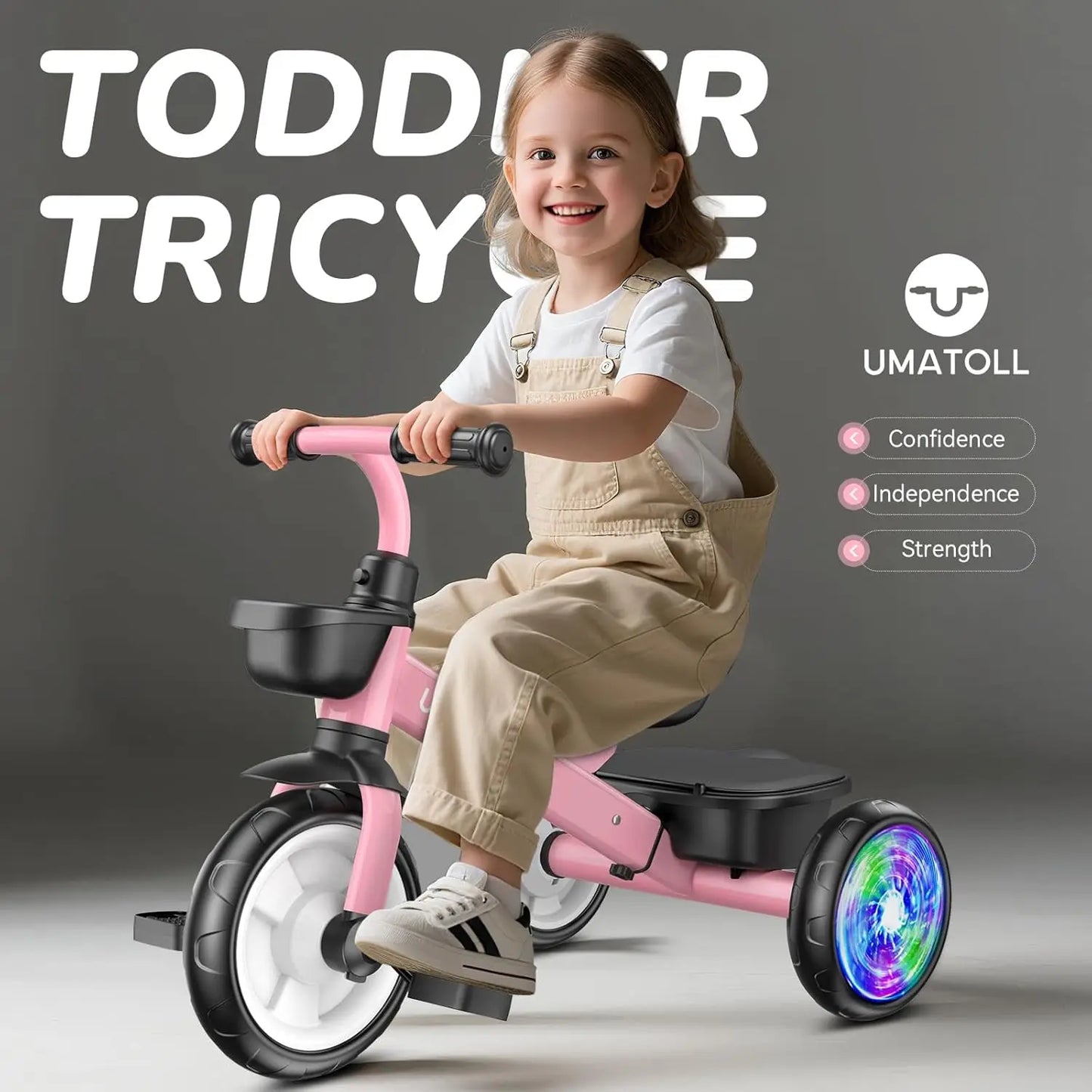 Adjustable Toddler Tricycle for 2-5 Year Olds, Light-Up Wheels Outdoor Toy, Birthday Gift for Girls Age 2-4