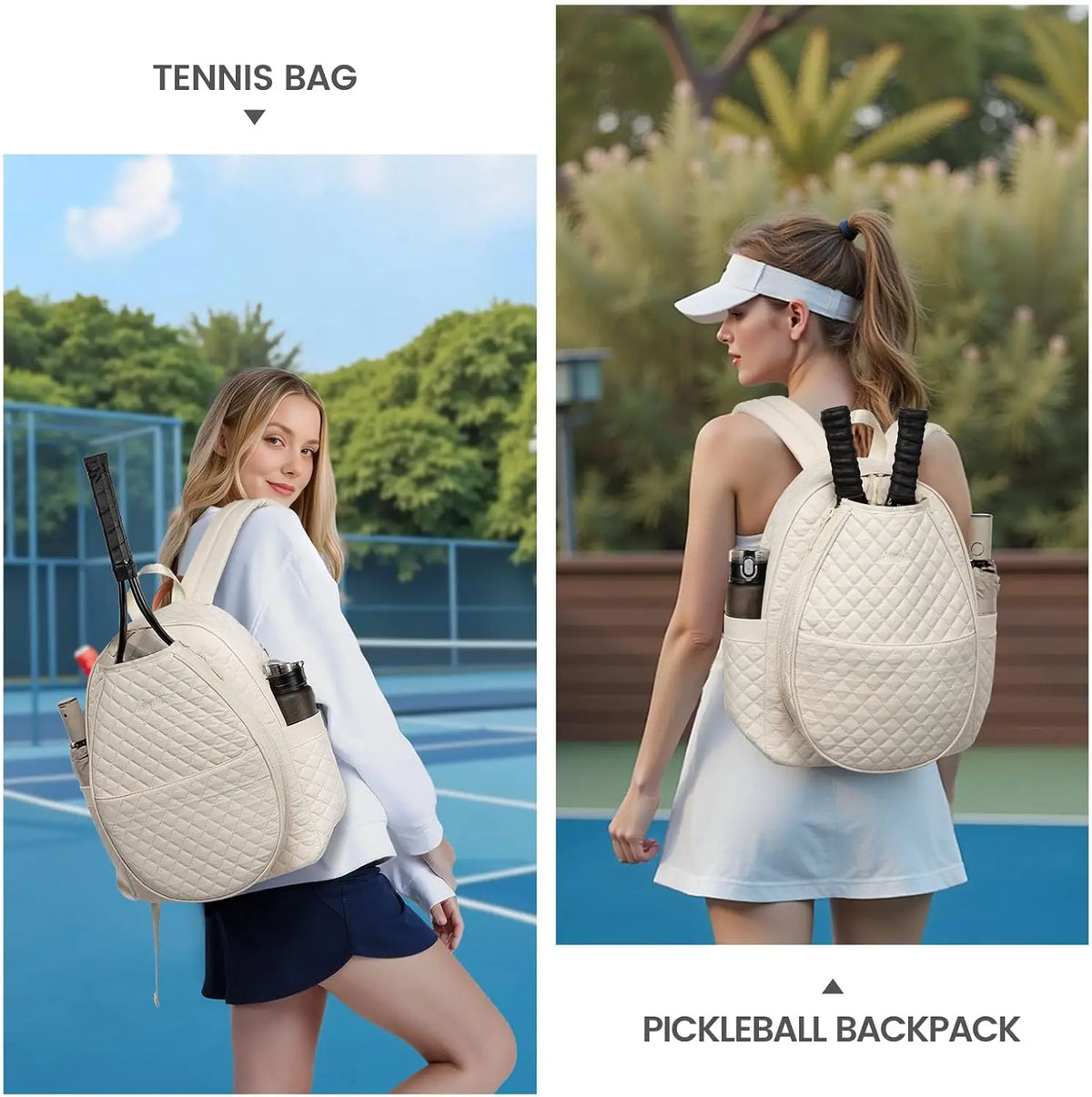 Quilted Tennis Racket Bag Backpack for Women - Large Capacity, Lightweight, Multipurpose for Tennis, Pickleball, Badminton