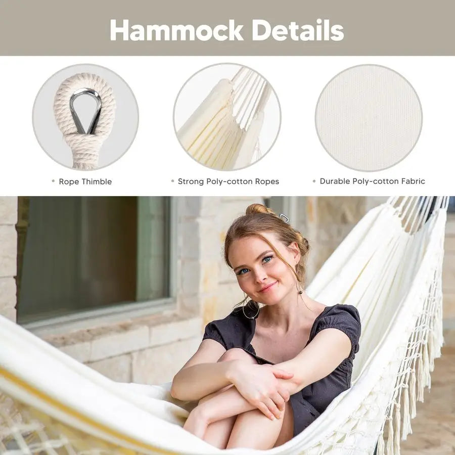 Portable Outdoor Hammock with Stand Included, Double Hammock with Tassel for Outside, Beige