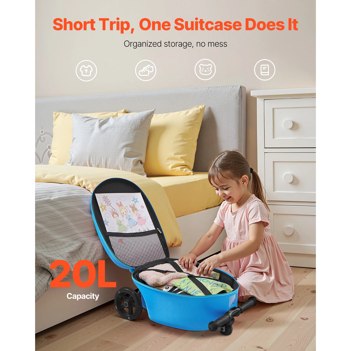 SucceBuy 20in Ride-on Luggage 20L Kids Scooter Suitcase with Flash PU Wheels & Adjustable Handle Foldable Luggage for Children