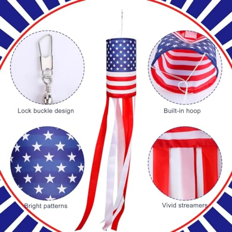 3 Pcs American Flag Windsock, 40 Inch 4th of July Windsock Outdoor Hanging Decoration, Patriotic Stars and Stripes Wind Spinner