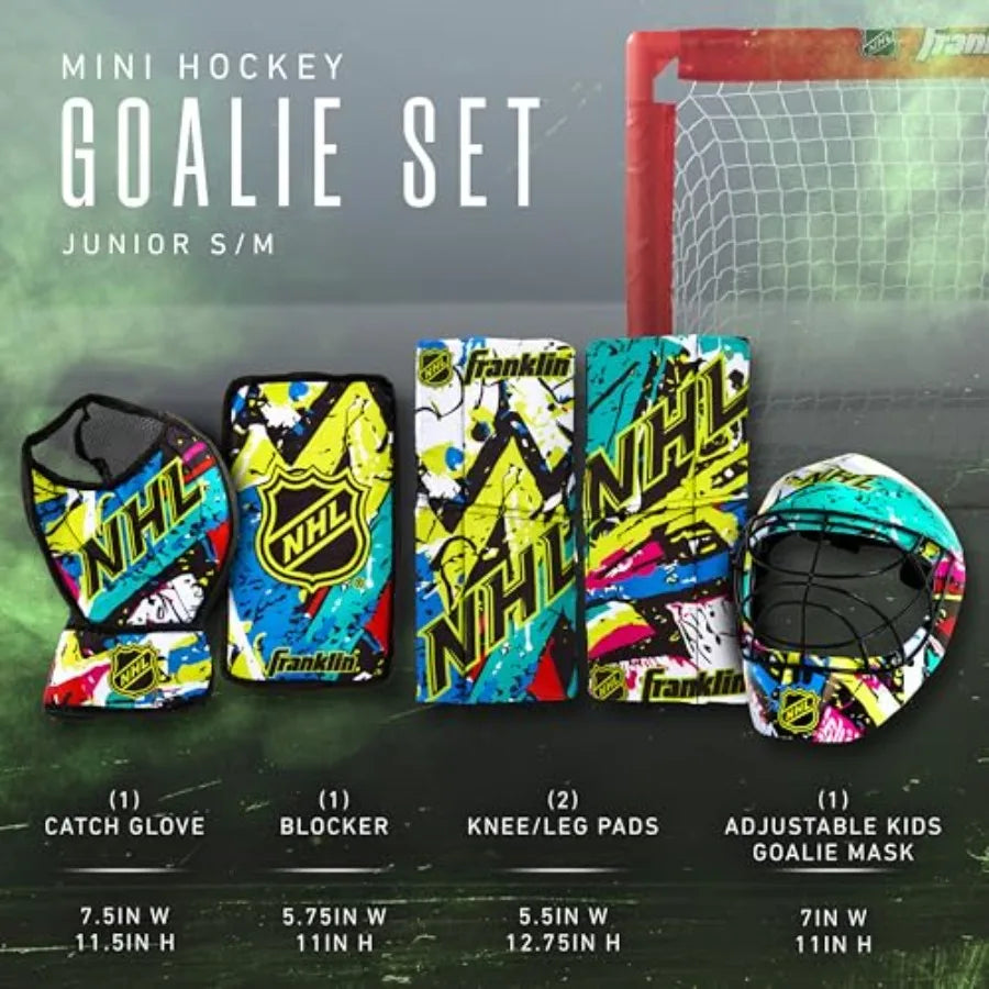 NHL Youth Knee Hockey Goalie Pads + Helmet Set - Knee + Mini Hockey Goalie Gear + Equipment - 2 Leg Pads Catch Glove Blocker +