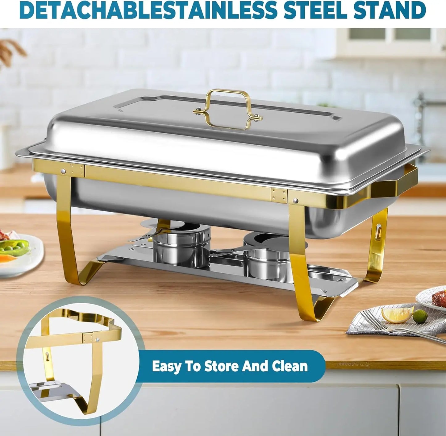 2/4Pack Chafing Dishes Buffet Set Semi-Gold-Plated Stainless Steel 8QT-9QT Rectangular Buffet Warmer Sets for Catering Party
