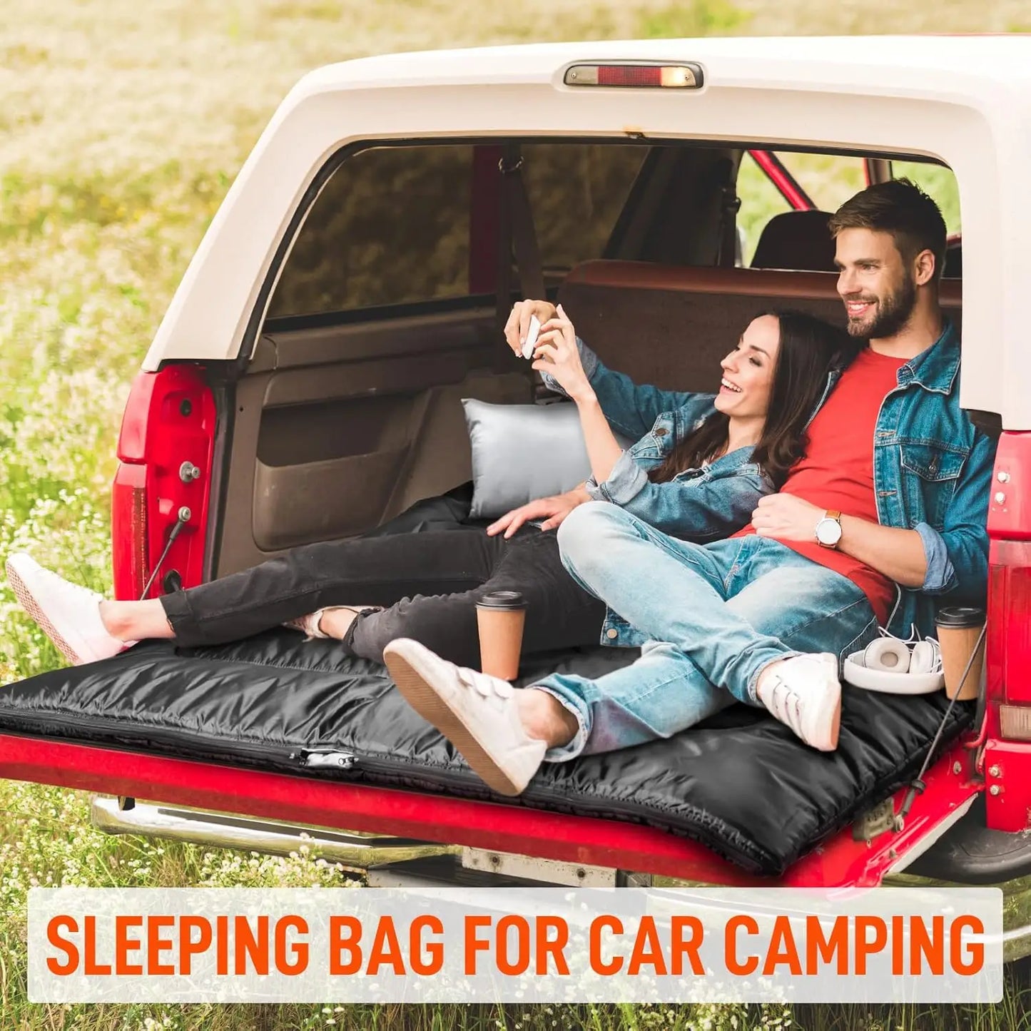 XL Queen Size Double Sleeping Bag with Pillow for Two Adults, All Season Camping Hiking Backpacking