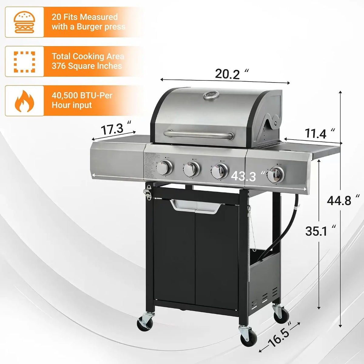 3-Burner BBQ Grill with Side Burner, 40,500 BTU Stainless Steel Propane Grill, Including Thermometer Wheels, Gas Grill for Garden Cooking and Family Gatherings