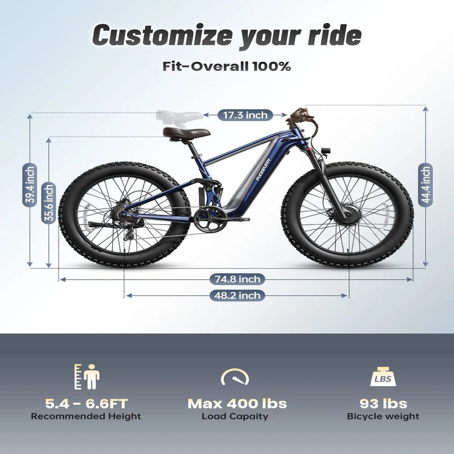 PUCKIPUPPY Dual Motor Electric Bike for Adults 1600W 48V 20AH Battery with Torque Sensor 8 Speed 26" Fat Tire Full Suspension