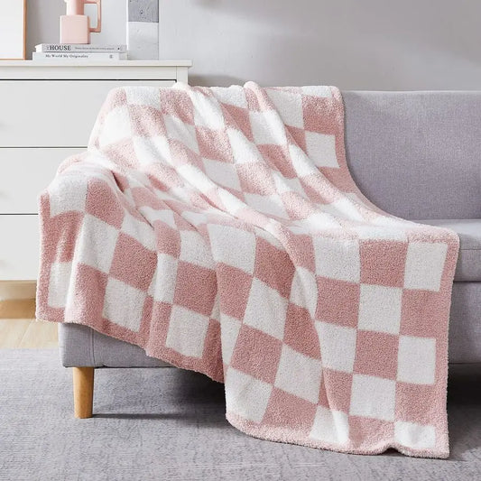 Checkered Throw Blanket, Pink Soft Cozy Fluffy Warm Hand Made Throw Blankets for Couch, Sofa, Chair, Bed, Camping, Picnic, Trave