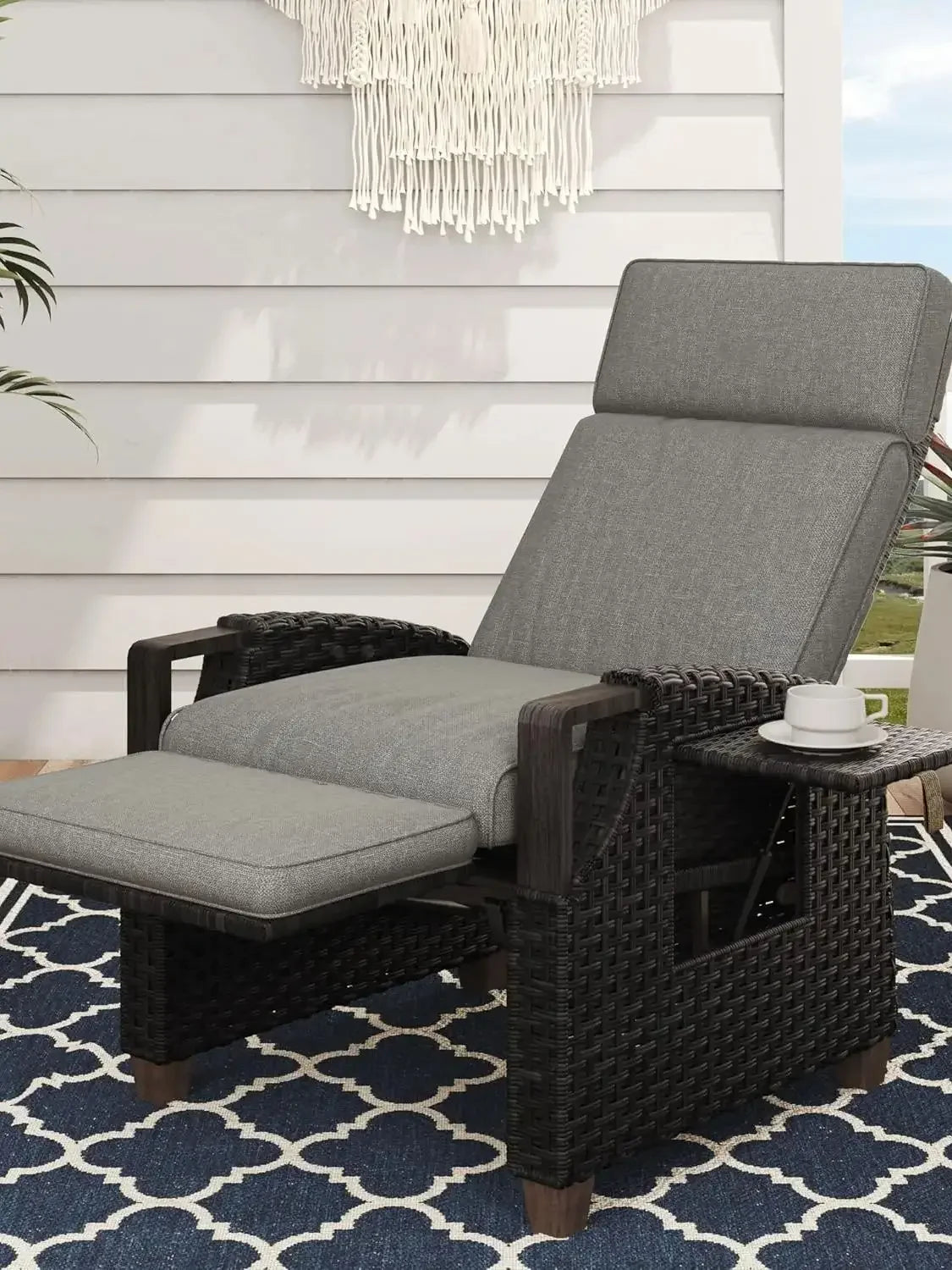 Outdoor Recliner with Independent Adjustable Back and Footrest, Air Pump 150° Lay Flat Chair With Olefin Cushion Flip-Up Table