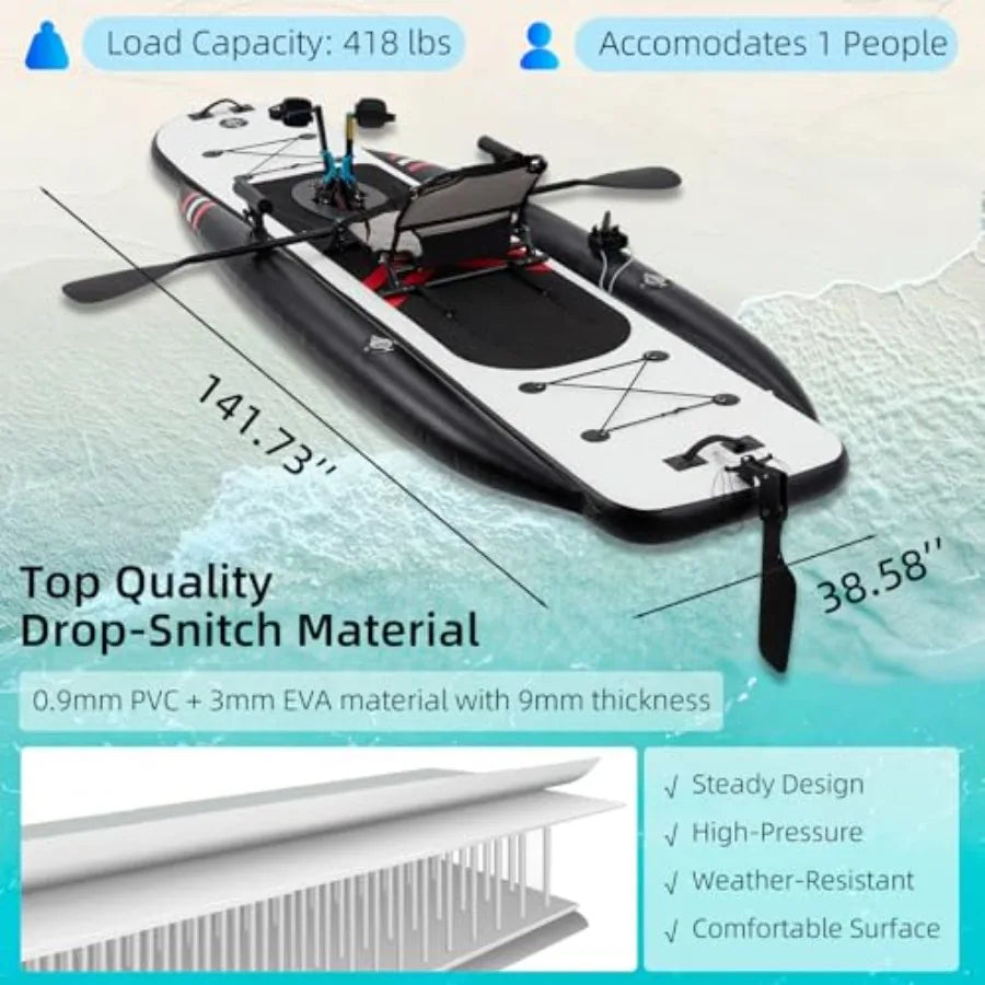 Inflatable Kayak For Fishing, Premium PVC, Blue, 12 Feet With Pedal System, Portable Lightweight Design With Rudder, Aluminum S