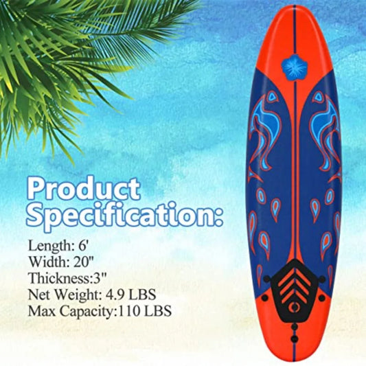 6' Surfboard for Beach and Ocean Surfing Foam Body with Removable Fins Blue and White Lightweight and Stable Beginner Board for