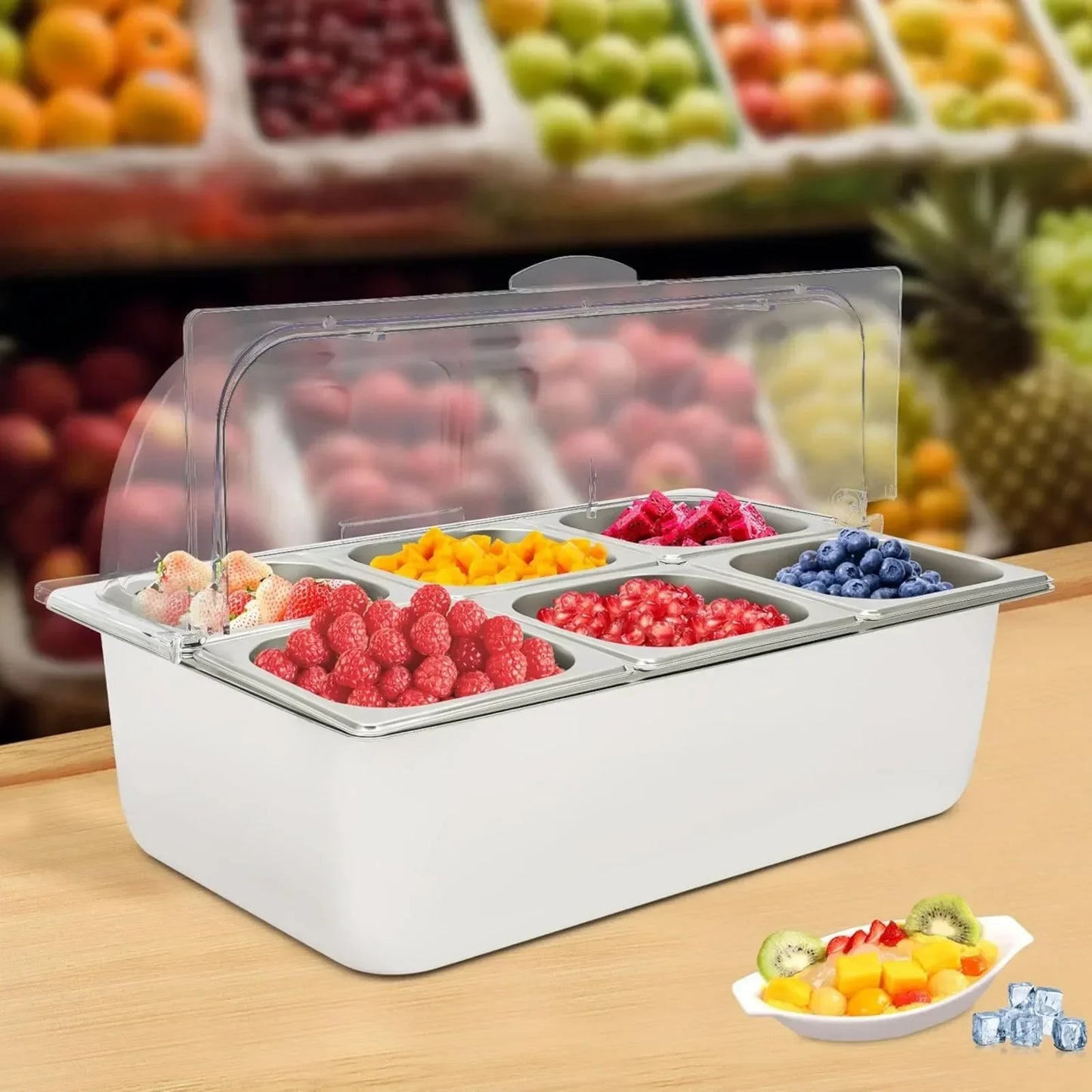 6-grid Stainless Steel Food Display Stand with Lid, Detachable Buffet Serving Plates for Restaurant Cafeteria Kitchen Countertop