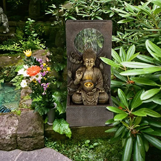 Buddha Waterfall Fountain Outdoor Freestanding Relaxing Water Fountain Asian Zen Fengshui Patio Garden Backyard Decking Home De