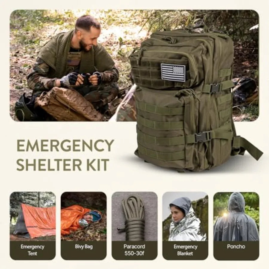 72-Hour Survival Kit Emergency Bug Out Bag with First Aid Water Filter Food Tools 45L Tactical Backpack for Camping Hiking Outd