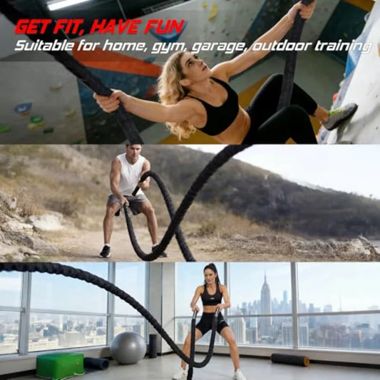 Battle Rope for Home Gym Workout - Heavy Weighted Training Eercise Ropes Fitness Equipment with Sleeve and Anchor Strap Kit for