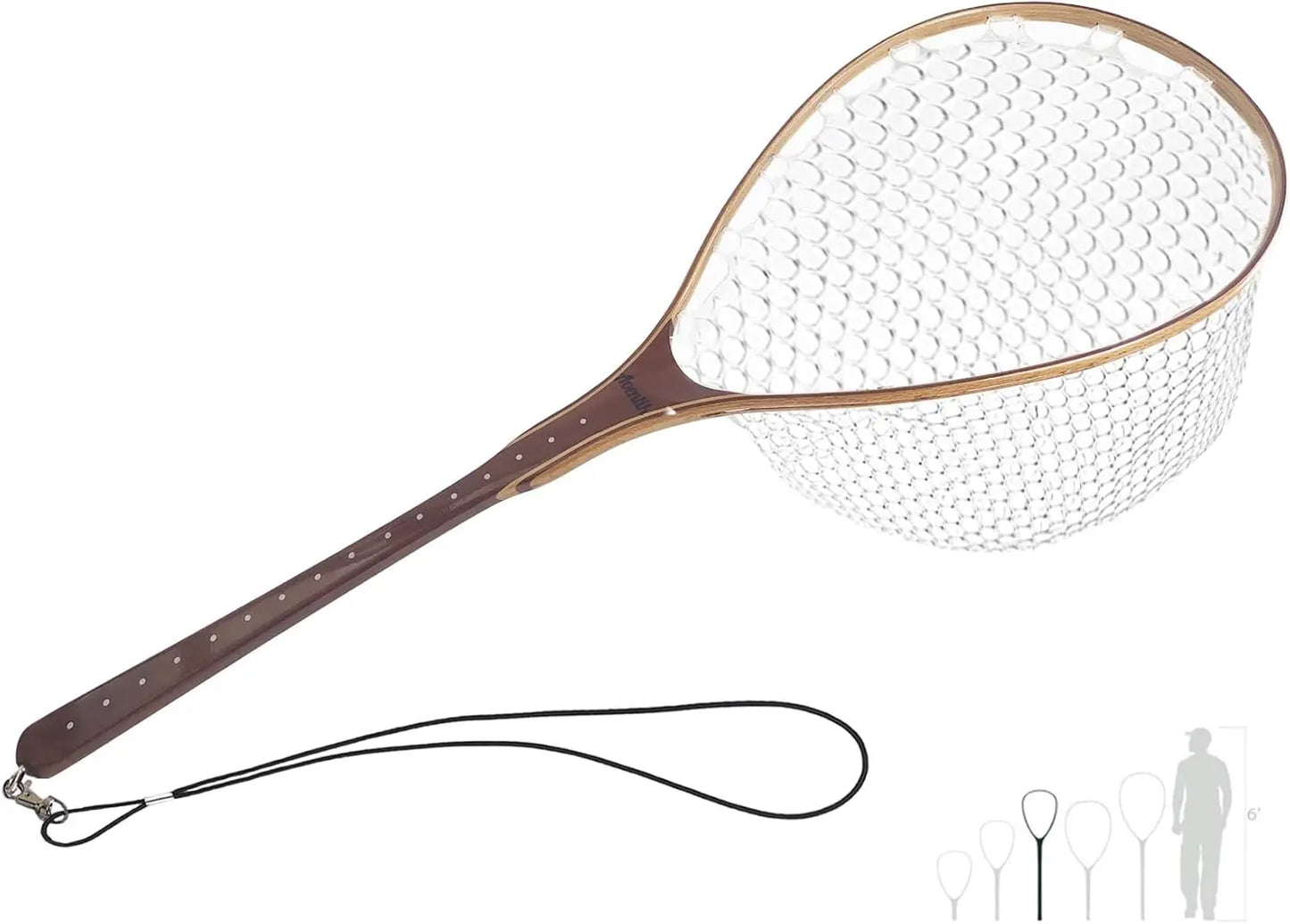 Wooden Fly Fishing Net with Soft Rubber Mesh for Trout, Freshwater Saltwater Use, Safety Cord Included - Ideal Gift for Men