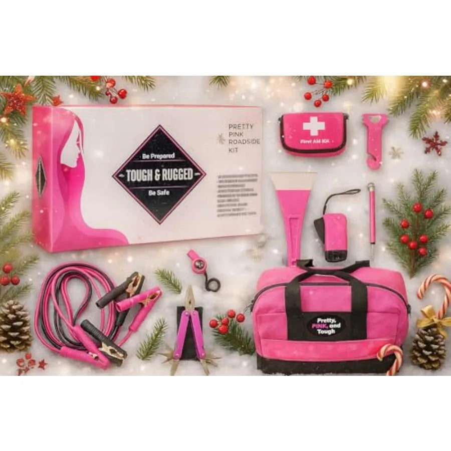 Pretty Pink Roadside Kit - Durable Car Accessories for Women - Pink Emergency Kit with First Aid Supplies Long Jumper Cables Em
