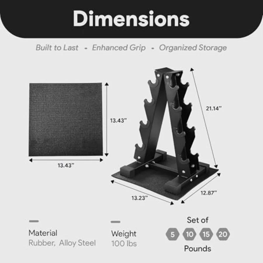 Gym rubber-coated hex dumbbell set with steel rack: 100LB/150LB or 5-20/5-25/10-30 lbs pairs, black finish, non-slip grip, spac