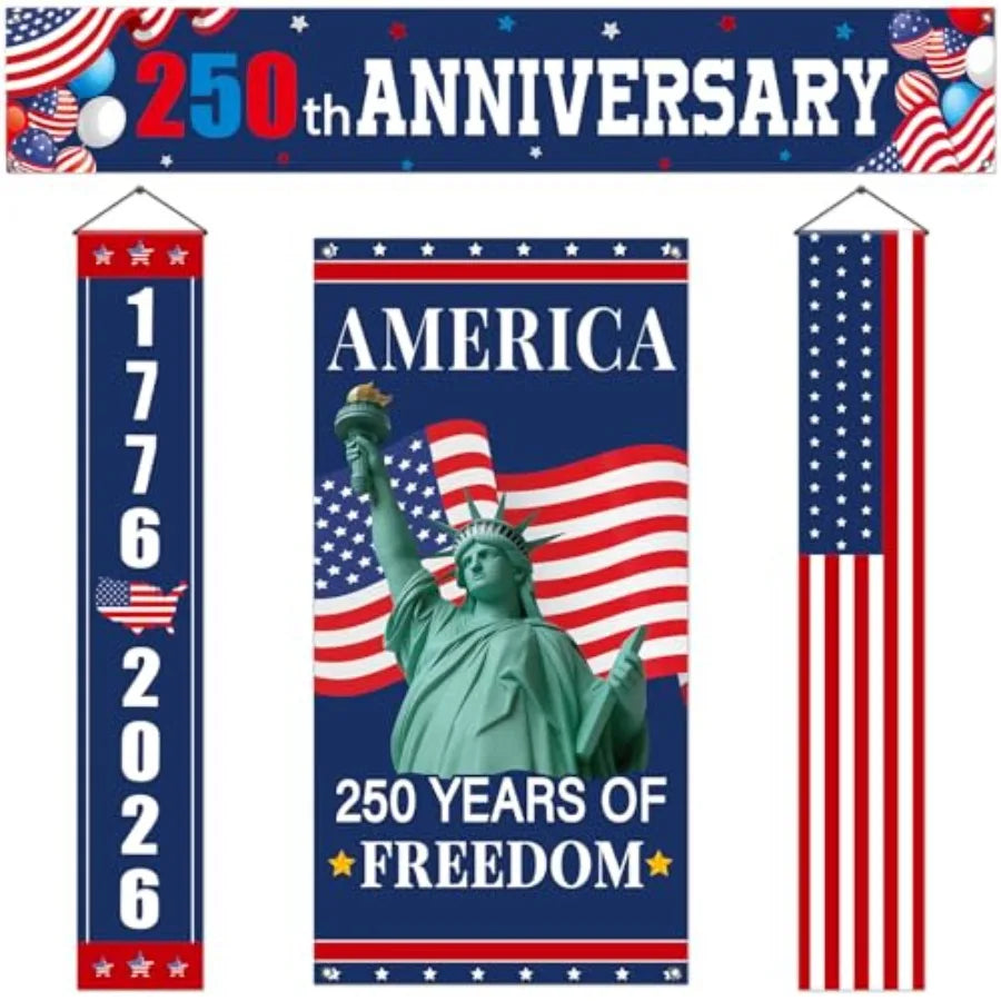 4Pcs 250th Anniversary Door Decorations Patriotic Door Banner Cover 1776-2026 USA Birthday Porch Signs America 250 Anniversary