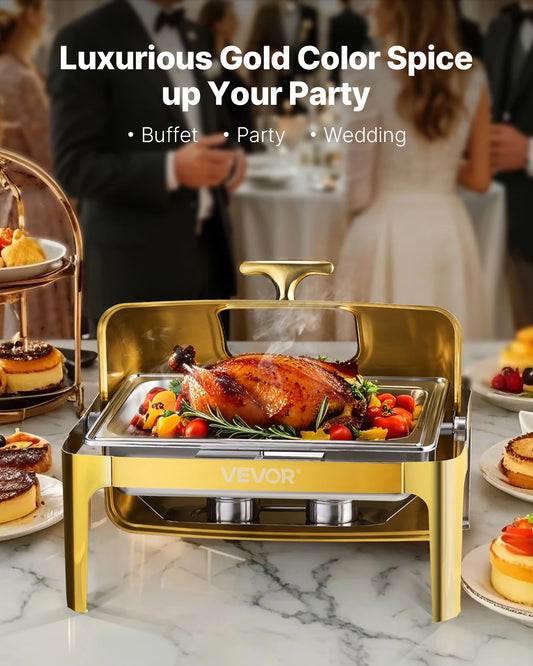 SucceBuy 9Qt Roll Top Chafing Dish Buffet Stainless Steel Chafer with Full Size Pan Visible Lid Rectangle Catering Warmer Server