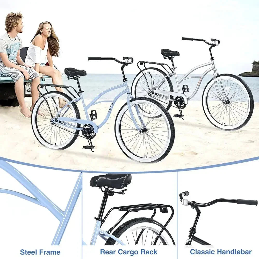 26 Adult Beach Cruiser Bicycle - Single Speed, Wide Tires for Stability, Rear Brake Options