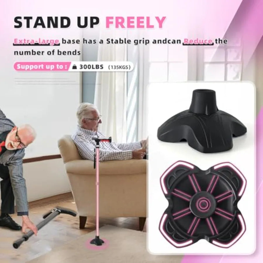 Folding Walking Cane with Two Led Lights for Elderly Solid Base Adjustable Walking Stick with Carrying Bag for Men Women
