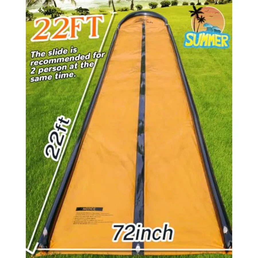 Backyard water slide for kids and adults, PVC material, blue and yellow, extra-long 22ft slip-and-slide with pool and 2 inflata