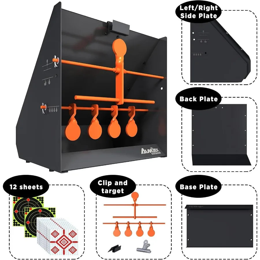 Pellet Gun Target Trap with Center Shot 12pcs Paper Targets and 4 Resetting Metal Shooting Targets for Airgun Rifle Rimfire Ide