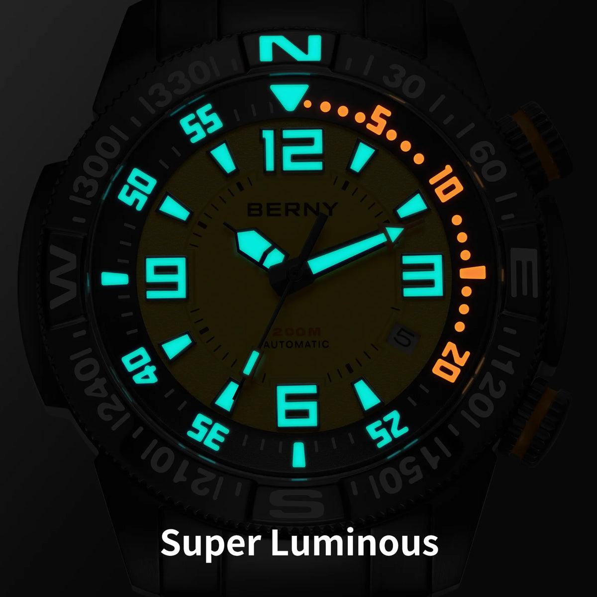 BERNY Automatic Diving Watches for Men 20ATM Super Luminous Mechanical Men's Diver Watch Full S/S Sapphire Swim Dive Wristwatch