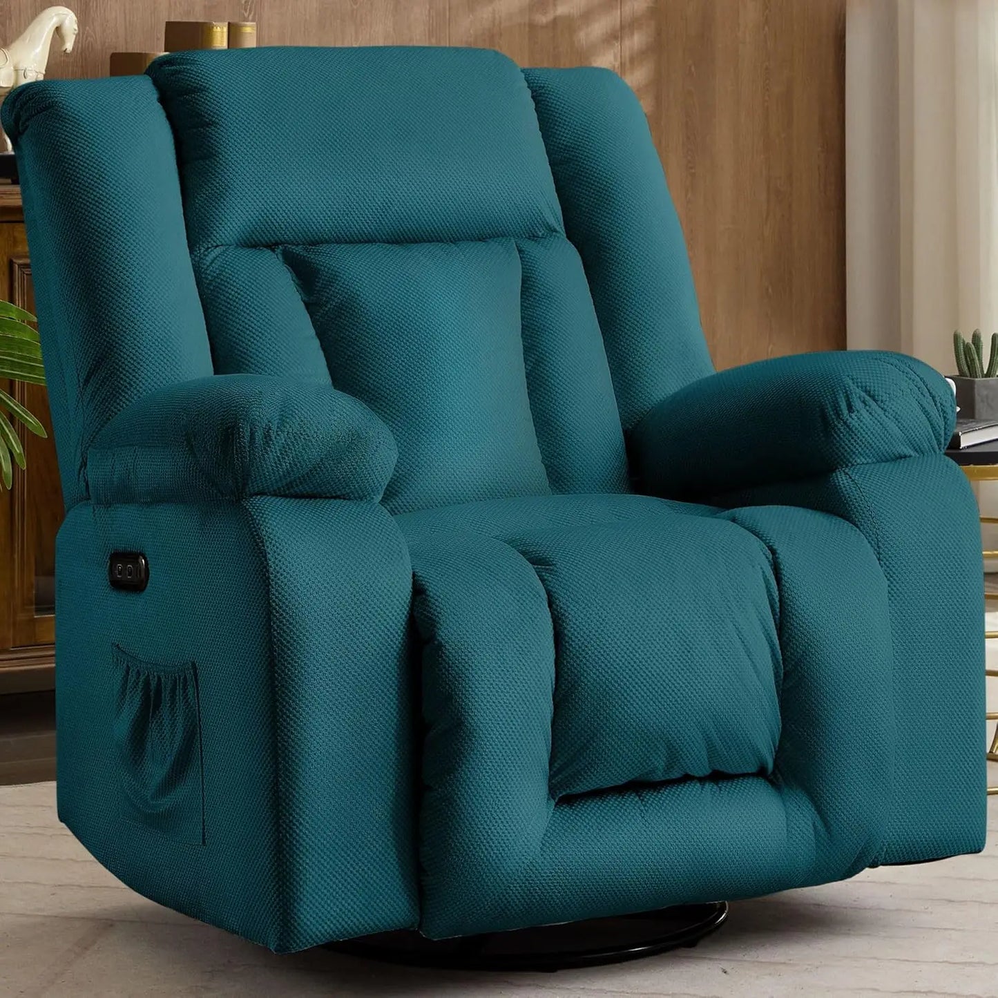 Oversized Power Recliner Chair,Electric Glider Reclining with Massage and Heating,Waffle Fabric Rocker Recliner with Side Pocket