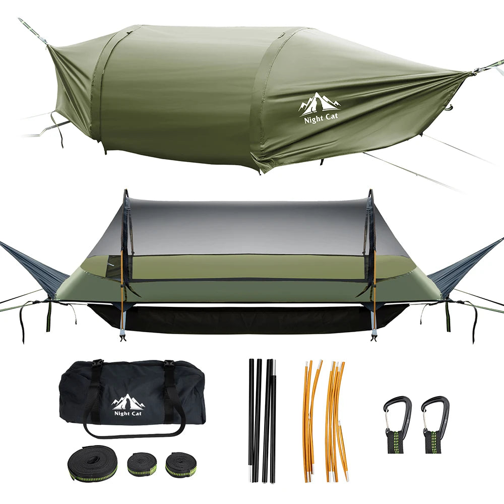 Night Cat Flat Lay Hammock Tent with Mosquito Net Waterproof Rainfly for 1 Person Backpacking Hiking Camping Lightweight 330LBS