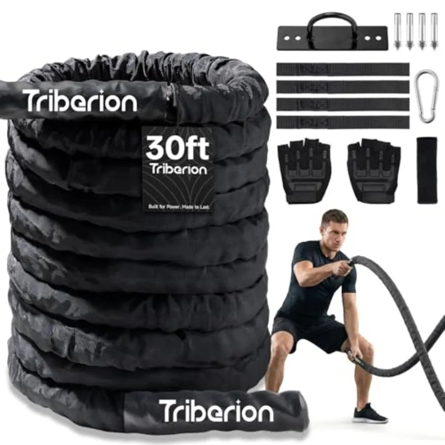 Battle Rope for Home Gym Workout - Heavy Weighted Training Eercise Ropes Fitness Equipment with Sleeve and Anchor Strap Kit for
