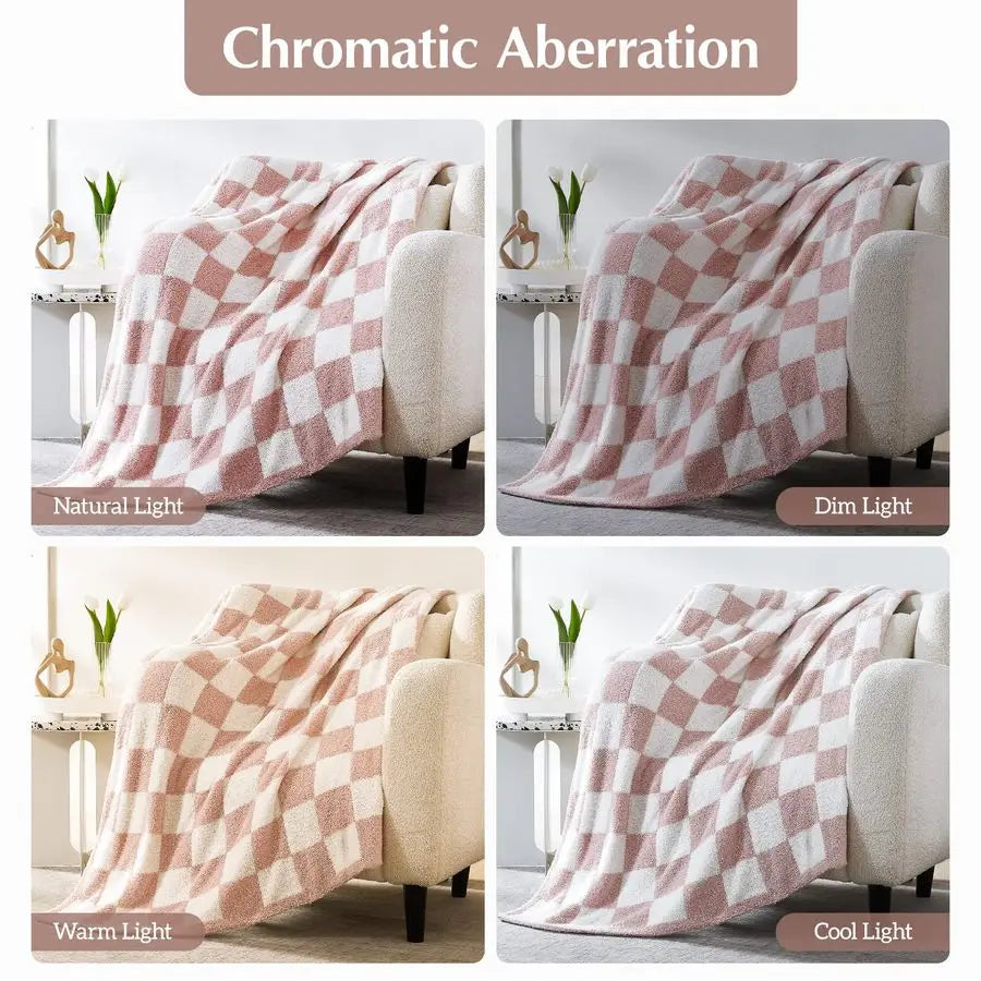 Checkered Throw Blanket, Pink Soft Cozy Fluffy Warm Hand Made Throw Blankets for Couch, Sofa, Chair, Bed, Camping, Picnic, Trave