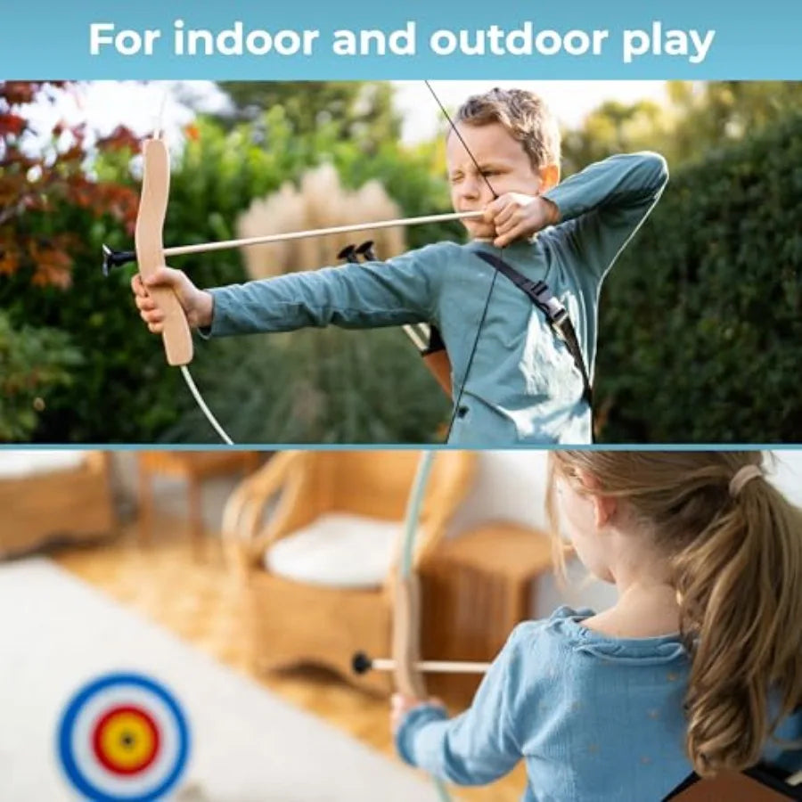 bow and arrow set for indoor outdoor use, made of durable plastic, blue and red, includes suction cup arrows and target for saf